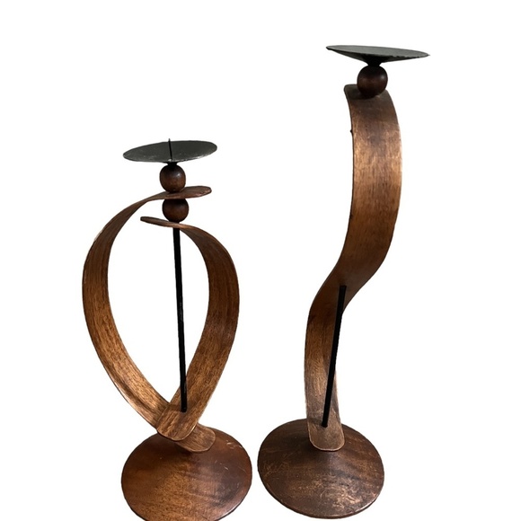 MID CENTURY MODERN ROTATING TEAK AND BLACK METAL CANDLESTICKS - Picture 10 of 13